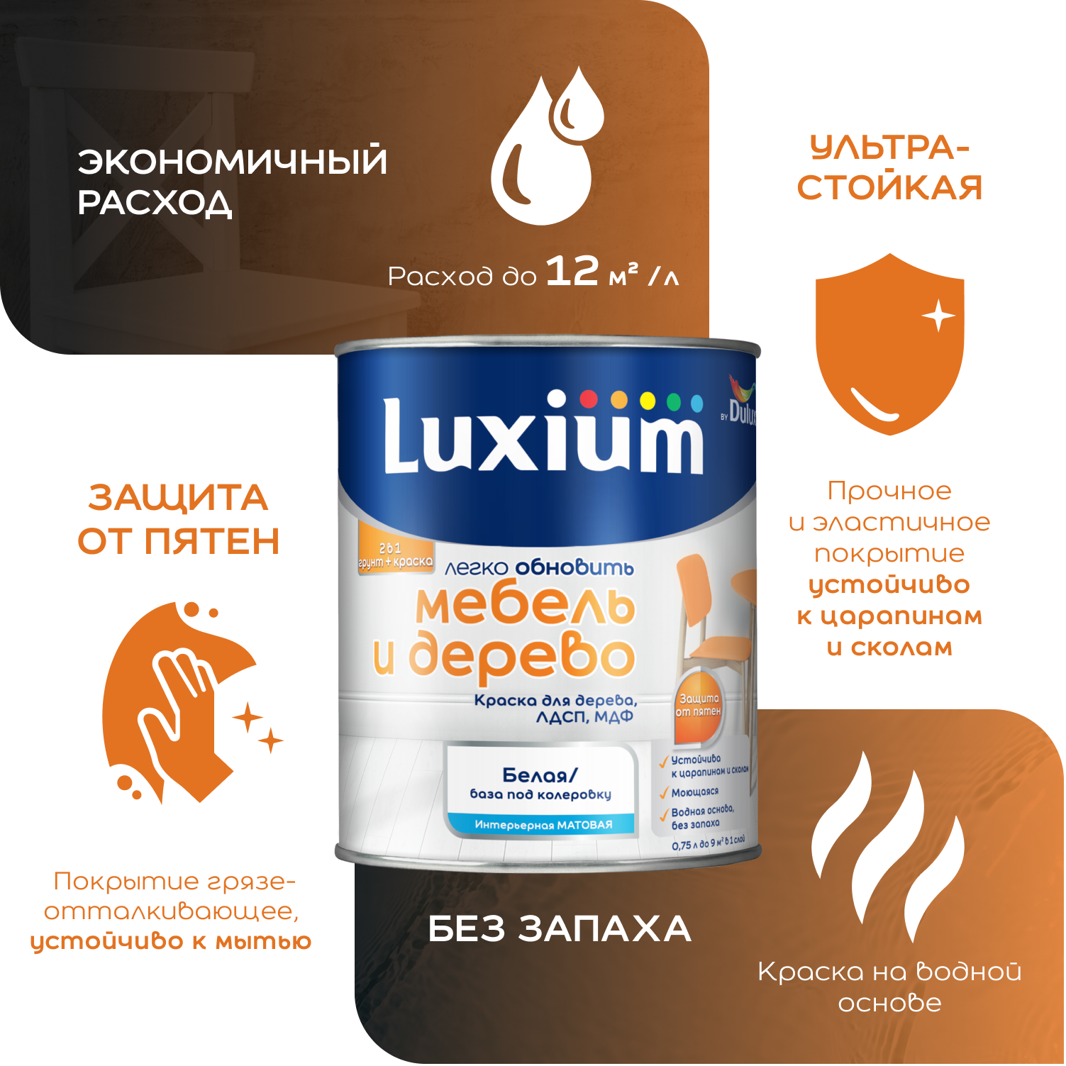 Краска LUXIUM МЕБЕЛЬ и ДЕРЕВО матовая
